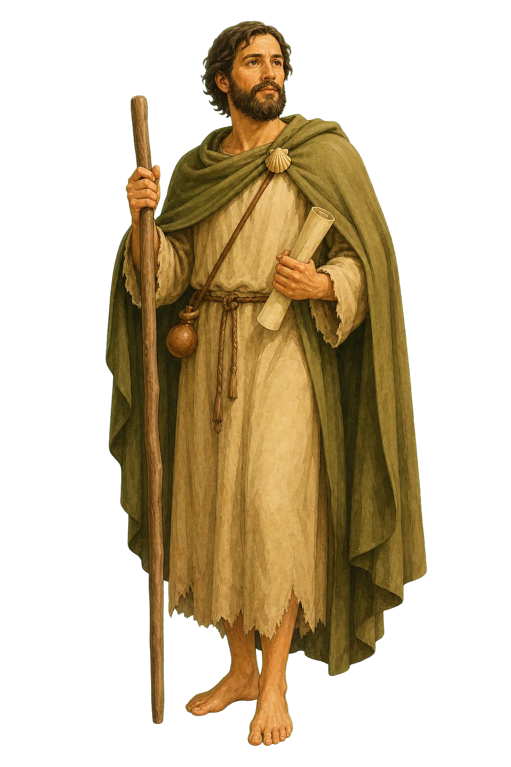 Ilustración editorial de San Alejo con bastón y rollo