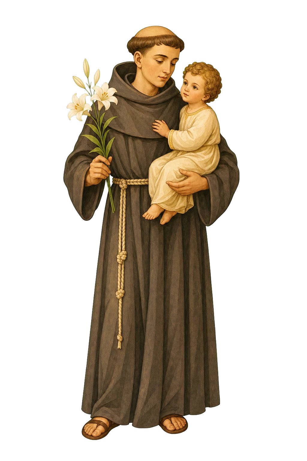 Ilustración editorial de San Antonio de Padua con el Niño Jesús y lirios