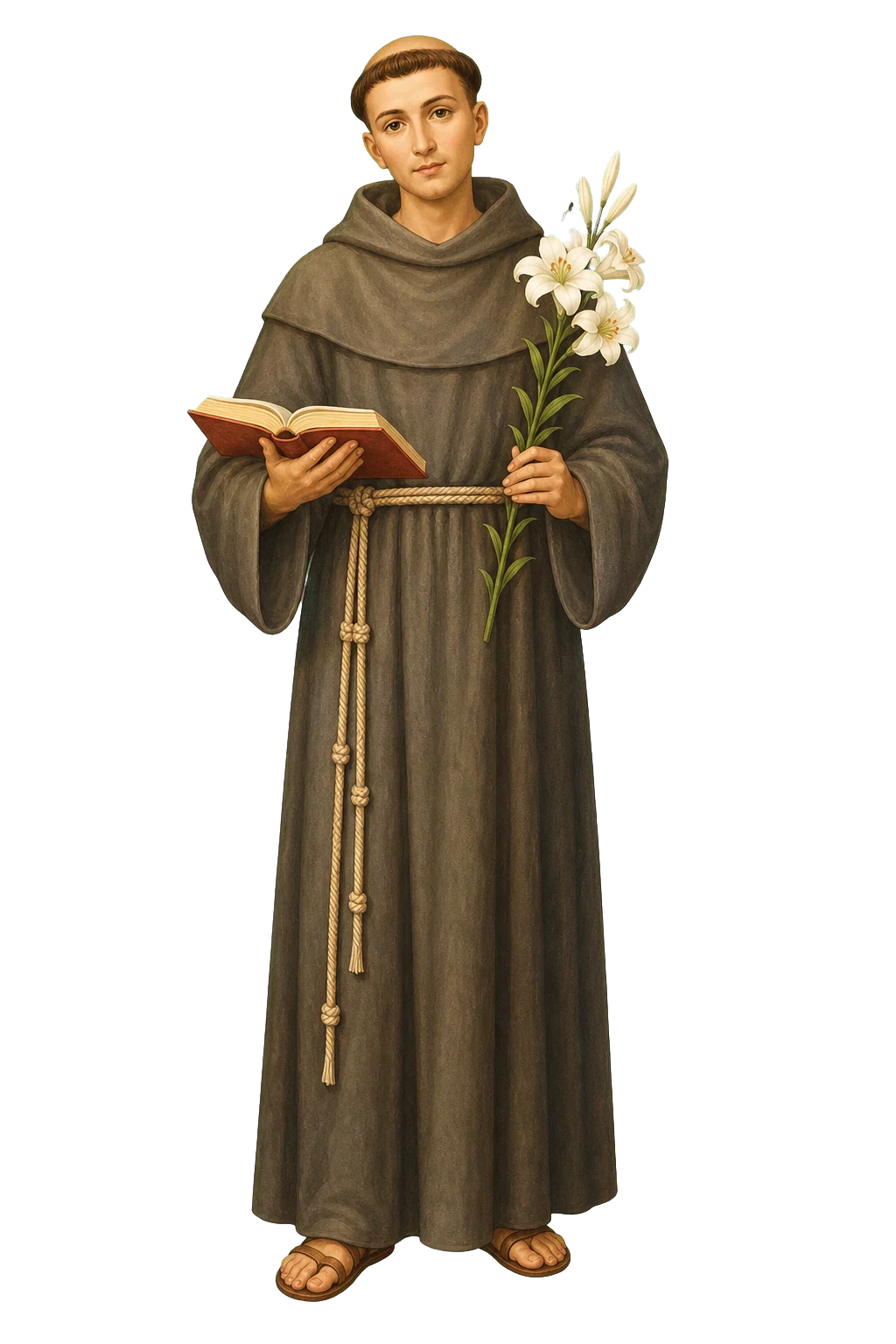 Ilustración editorial de San Antonio de Padua con libro y lirios