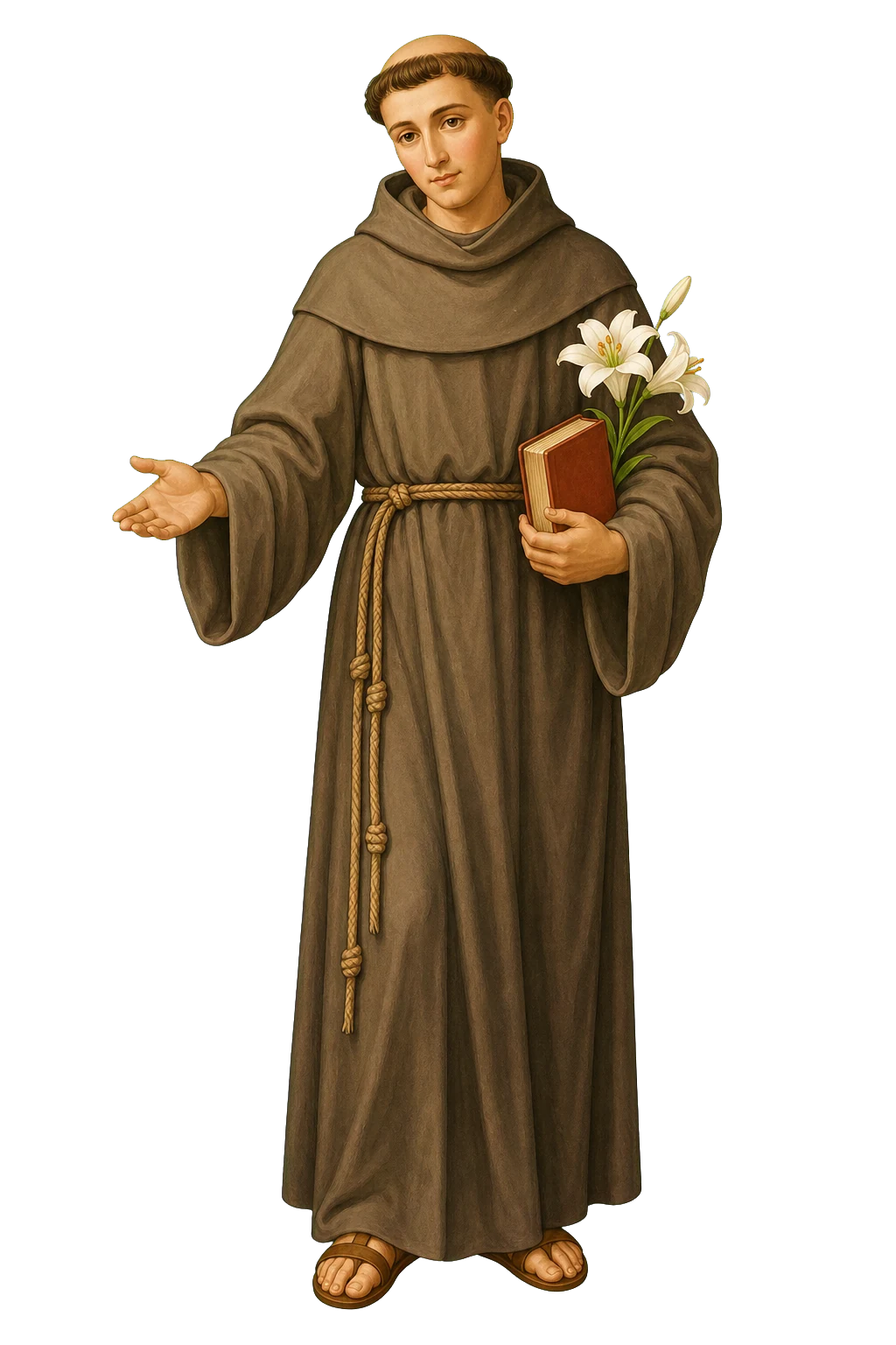 Ilustración editorial de San Antonio de Padua en gesto acogedor