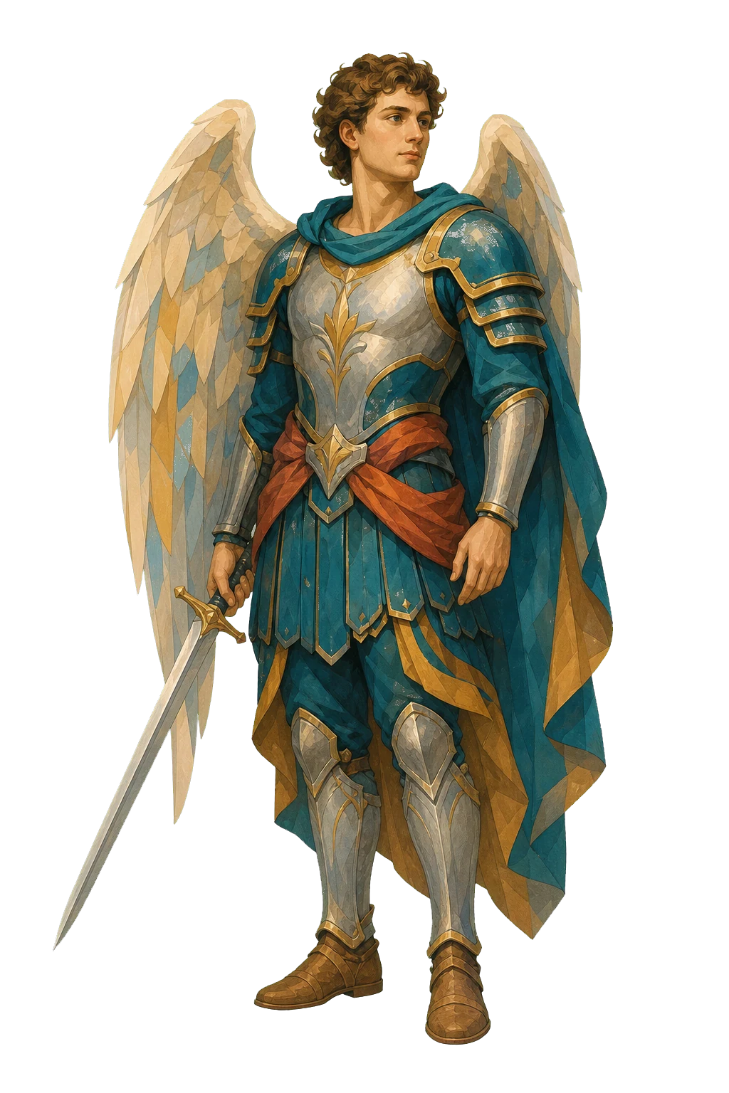 Ilustración editorial de San Miguel Arcángel con armadura y espada