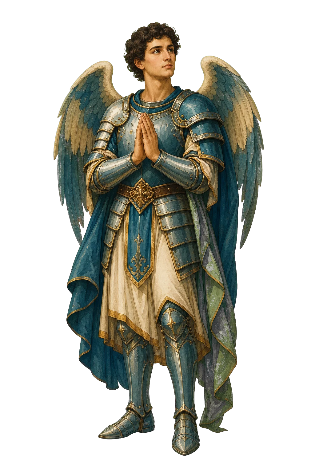 Ilustración editorial de San Miguel Arcángel en oración