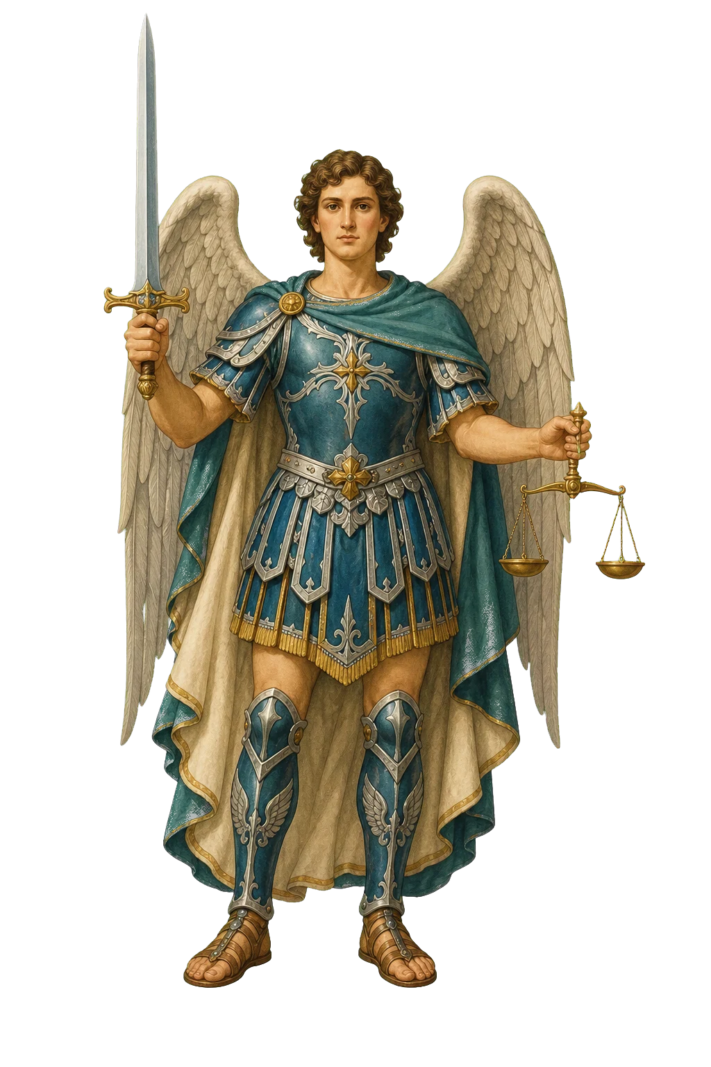 Ilustración editorial de San Miguel Arcángel con espada y balanza