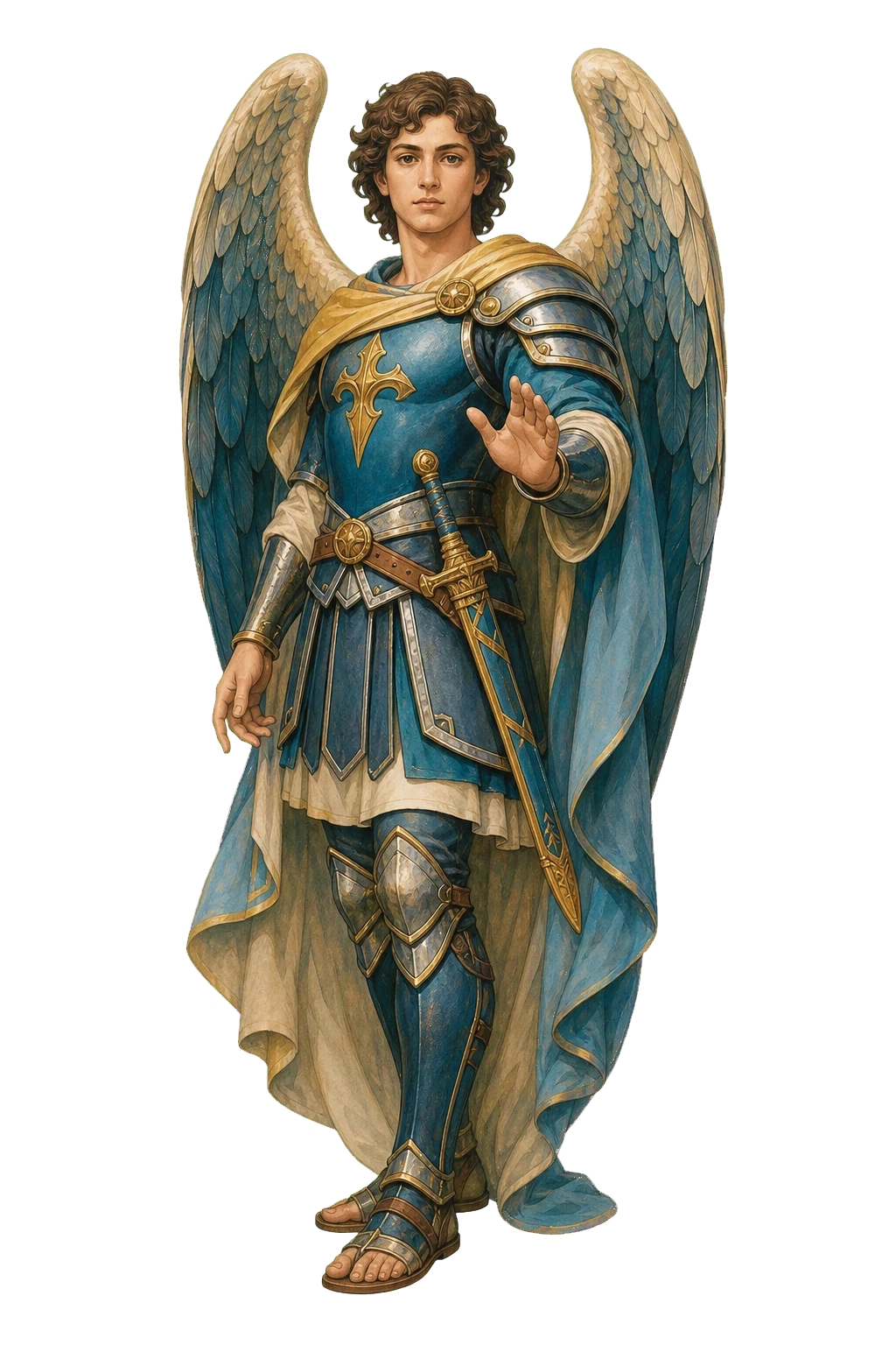 Ilustración editorial de San Miguel Arcángel en gesto protector