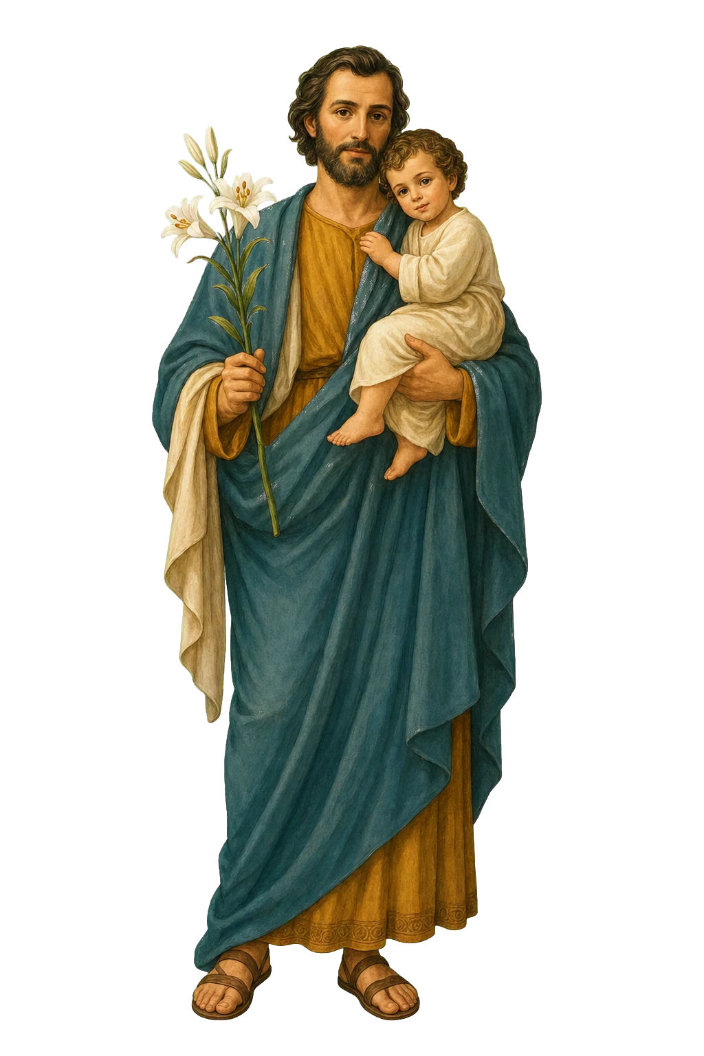 Ilustración editorial de San José con el Niño Jesús y lirios