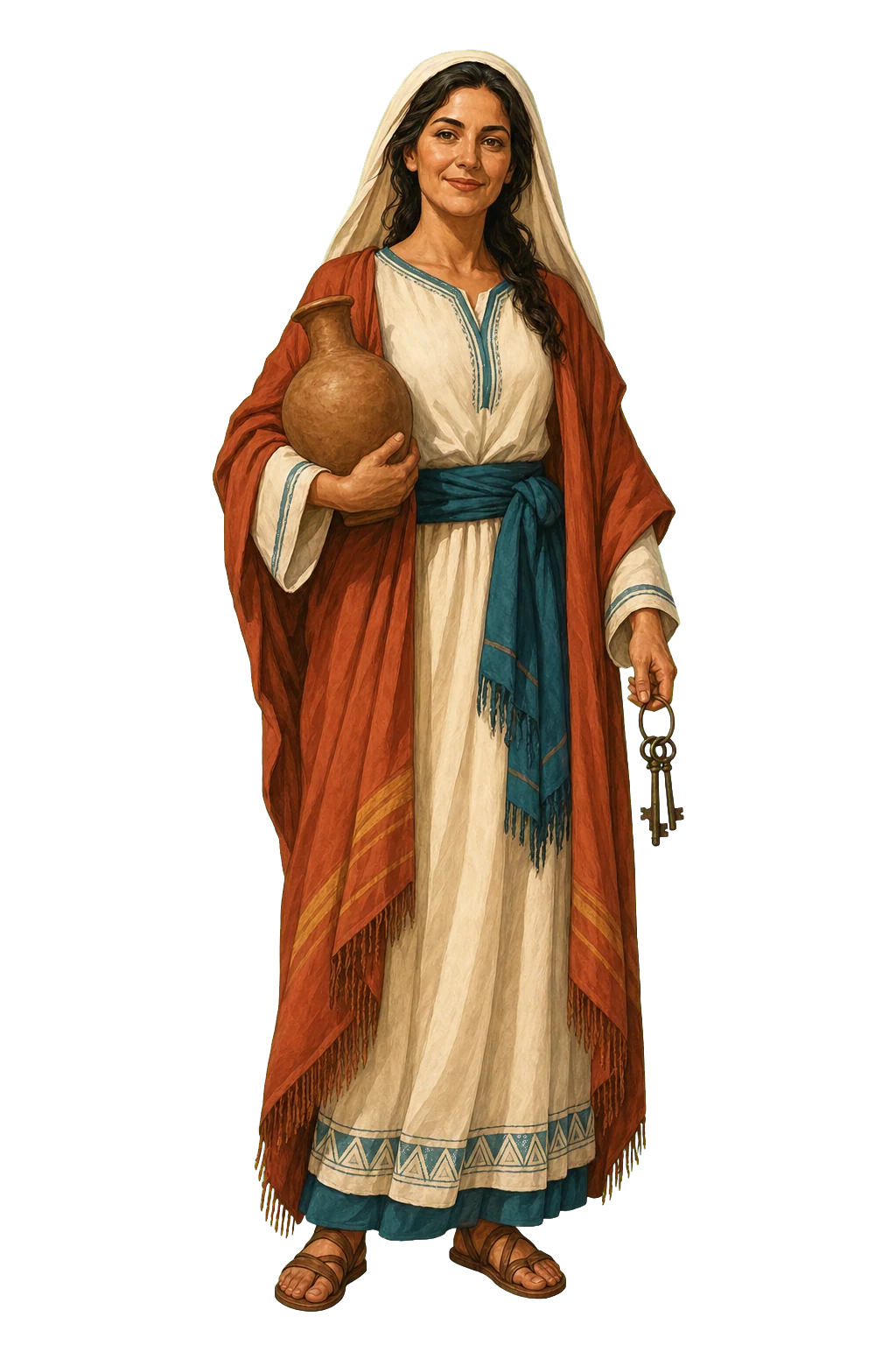 Ilustración editorial de Santa Marta con vasija y llaves
