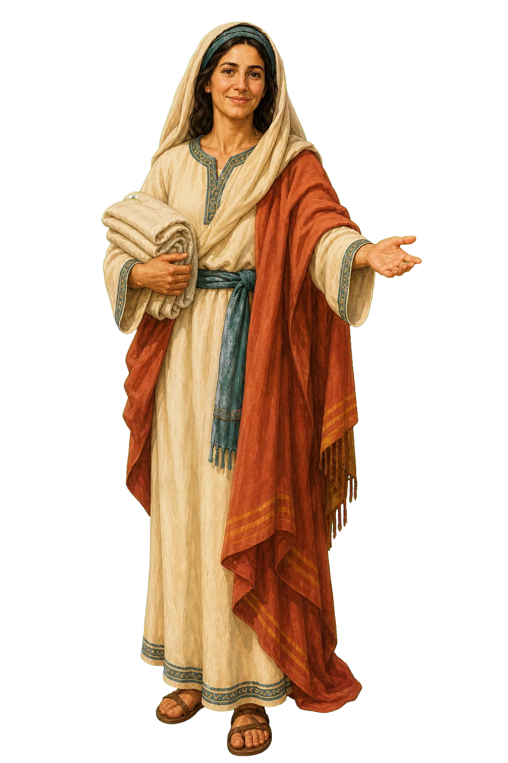 Ilustración editorial de Santa Marta en gesto de bienvenida